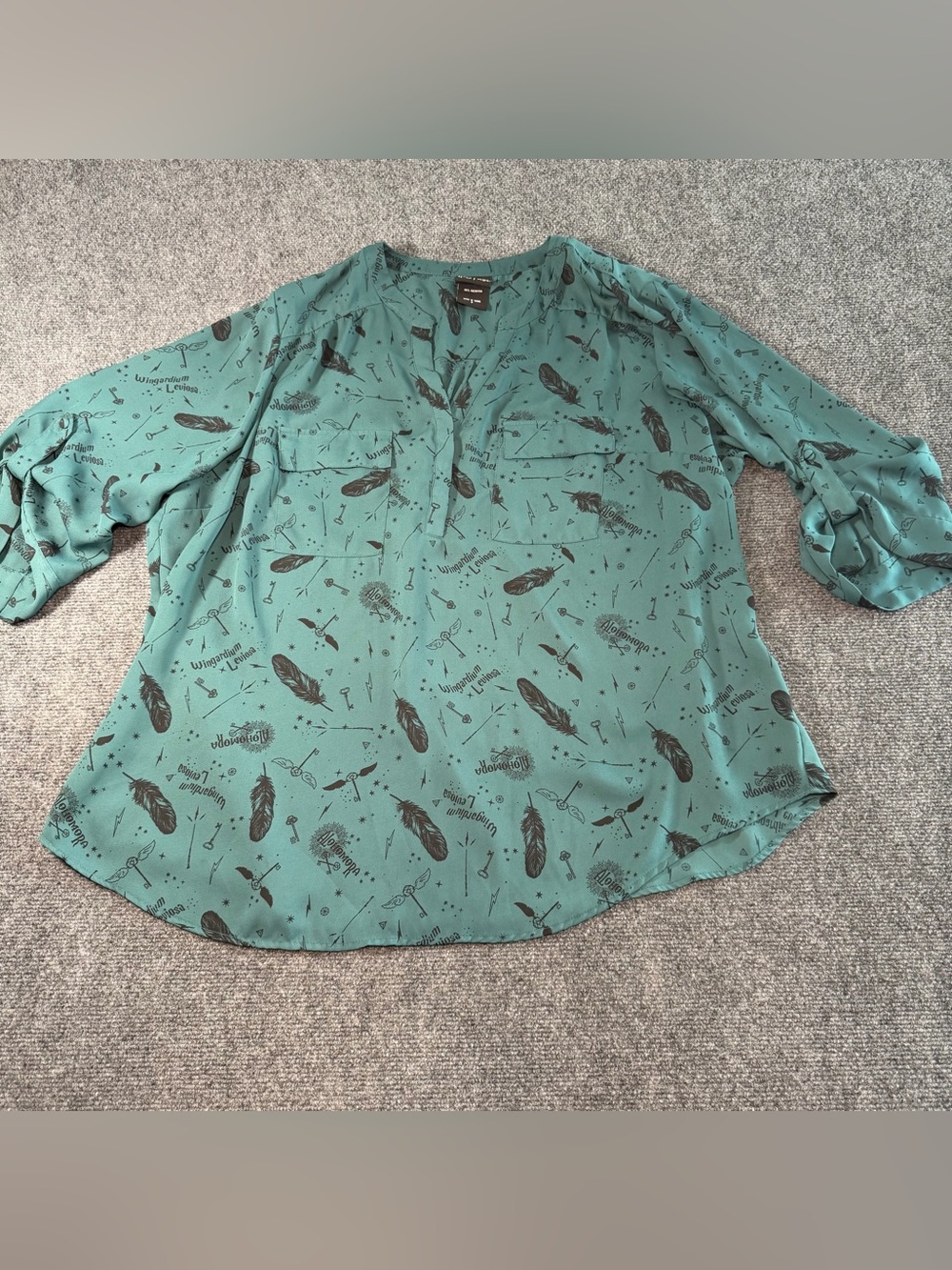 Harry Potter Harper Georgette Blouse 3 Teal Spell Print Roll Tab Top Spooky